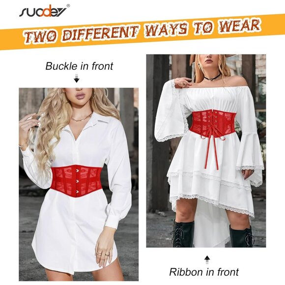 Women's Jacquard Corset Belt Lace Up Bustier Waspie Belt Renaissance Red Lace - Picture 2 of 6